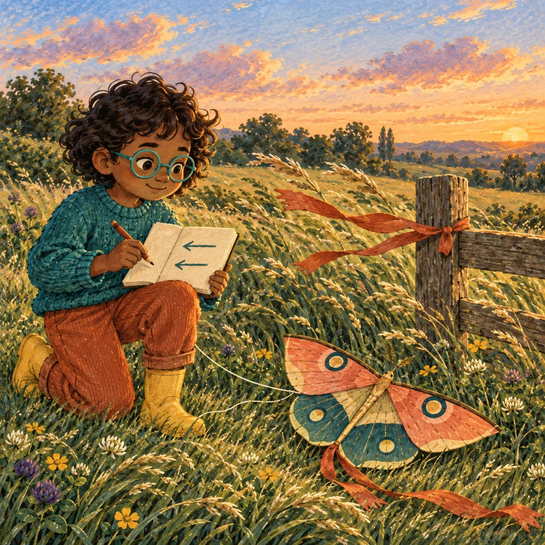 Synthetic Tavi watches a ribbon and grass, then sketches the wind’s direction in a map book