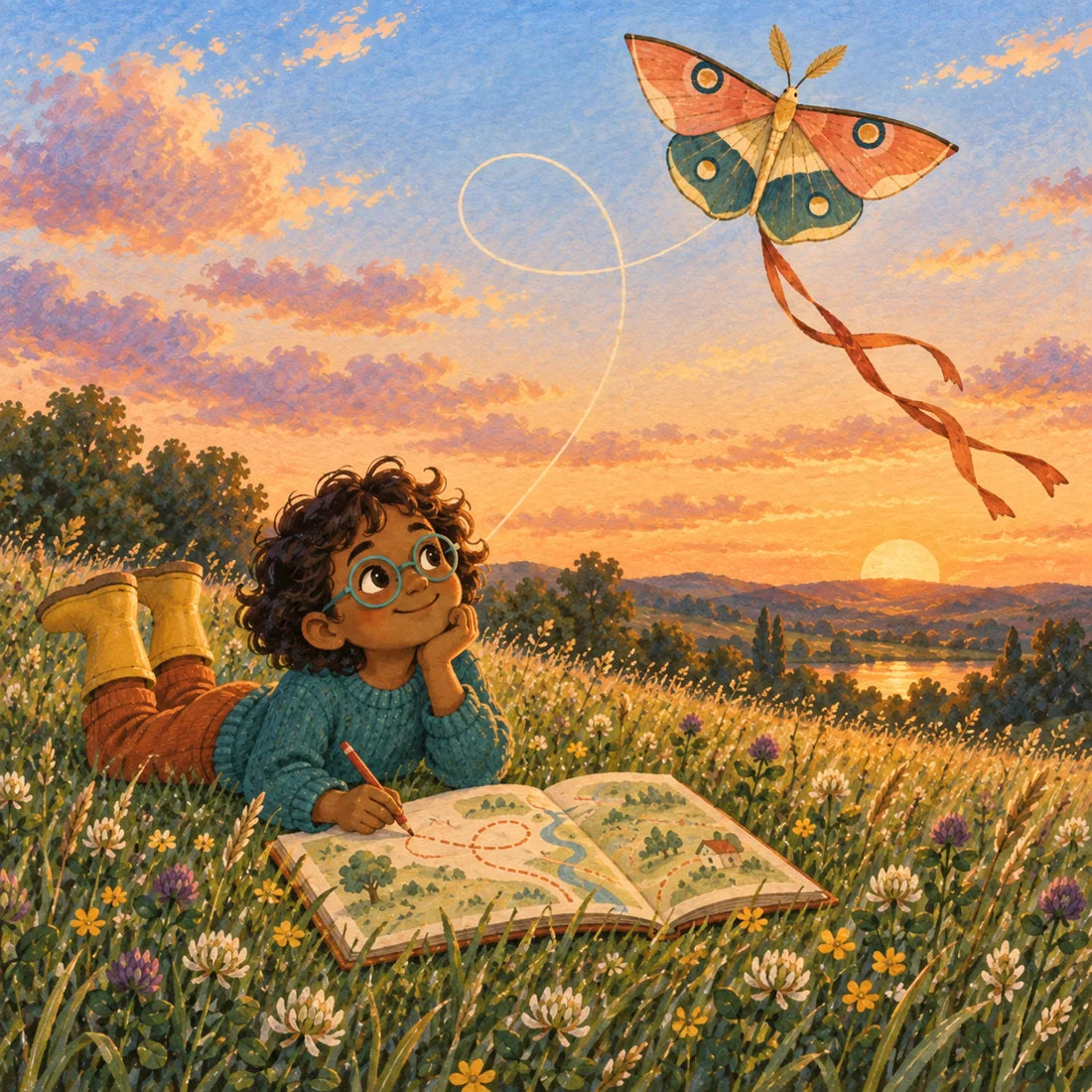 Fictional character Tavi draws a map as a moth-shaped kite loops above a golden meadow